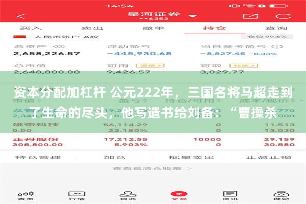 资本分配加杠杆 公元222年，三国名将马超走到了生命的尽头，他写遗书给刘备：“曹操杀